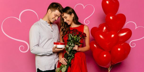 Couple with red rose bouquet