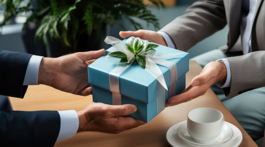 giving a blue gift box