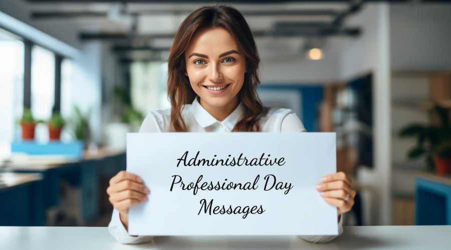 Smiling woman with "Administrative Professional Day Messages" sign in office