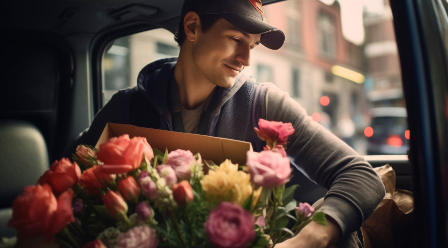 Delivery man smiles at flowers in his van