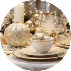 Elegant table setting with gold ornaments and candles