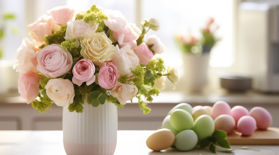 A bouquet of pastel-colored roses in a white vase, with pastel eggs nearby.