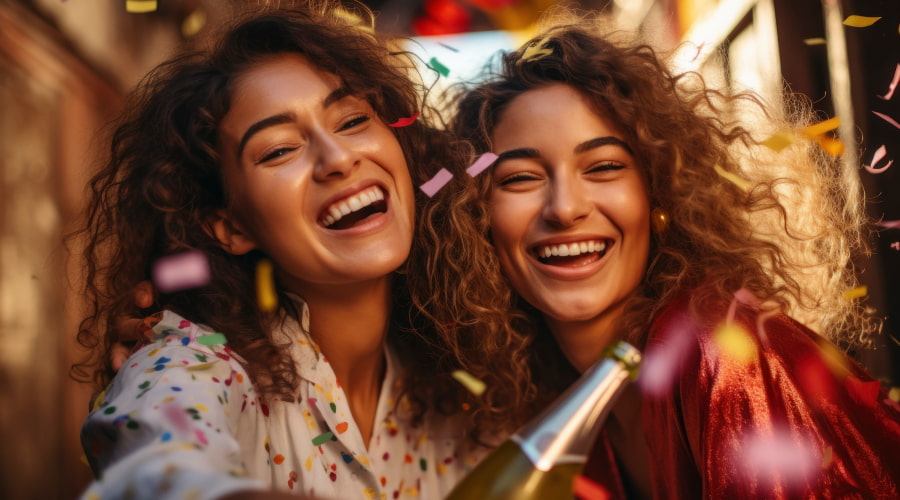 Joyful friends celebrating with confetti and champagne