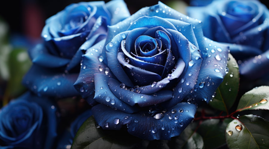 Dewy blue roses close-up
