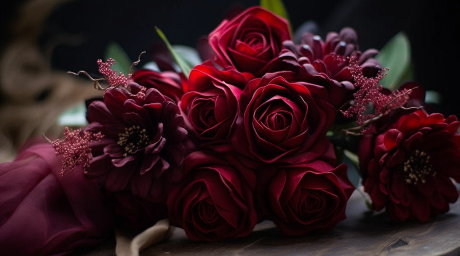 Bouquet of deep red roses and burgundy flowers