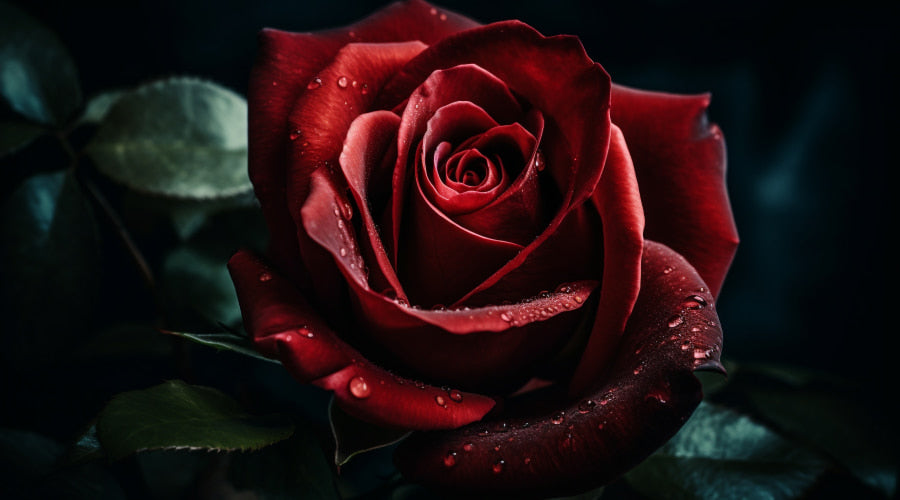 Close-up of a dew-kissed burgundy rose