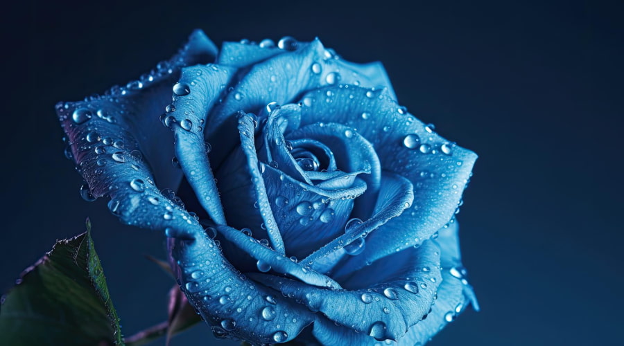 Single blue rose with droplets