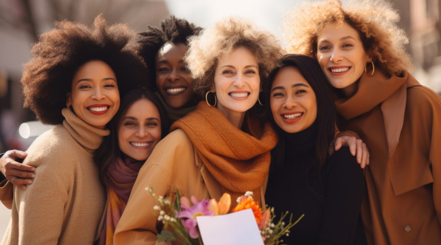 Group of smiling women with flowers