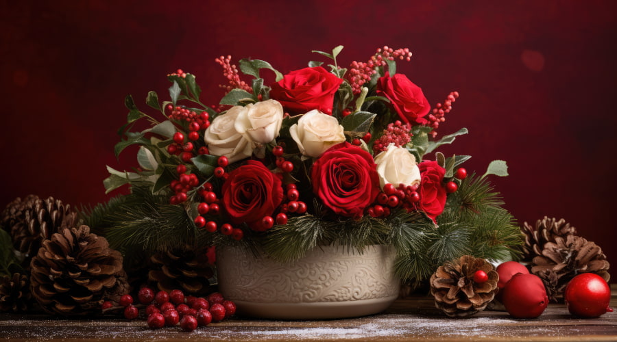 Festive floral arrangement with red and white roses