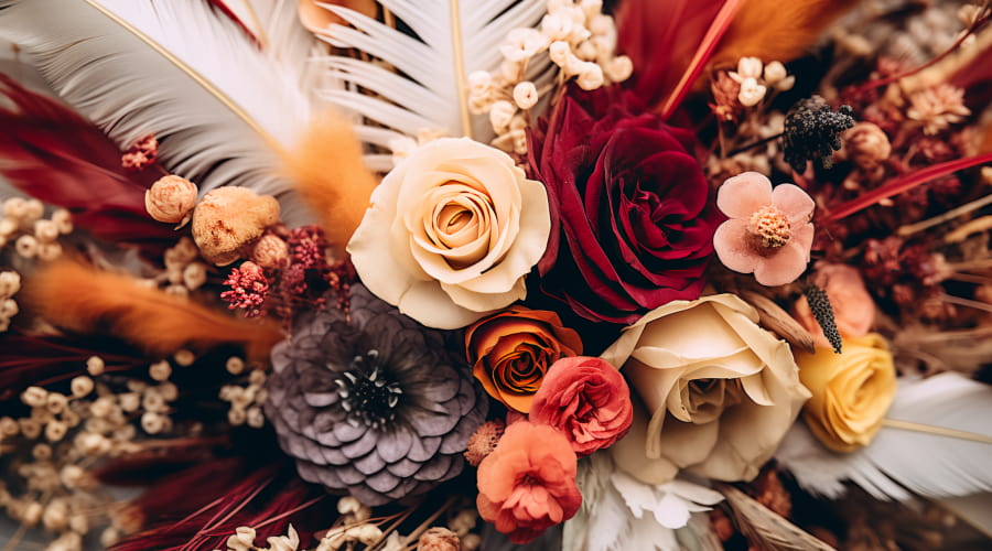 Winter bouquet with feathers and flowers