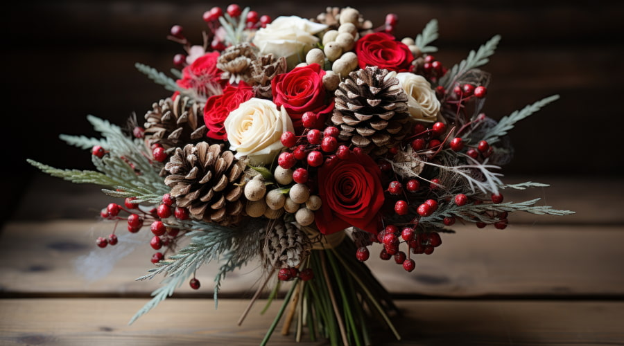 Winter bouquet with pine cones and berries.