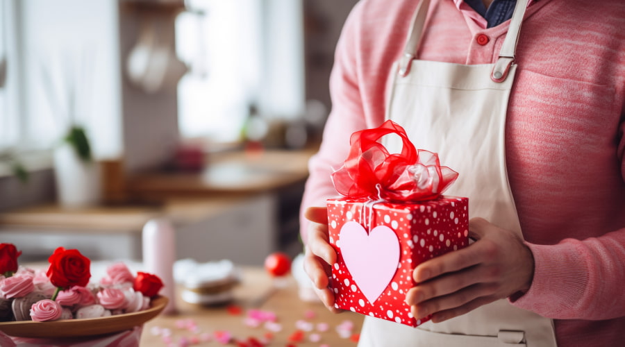 Person holding a polka-dot gift box