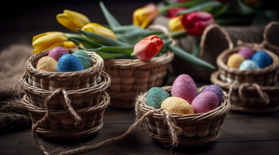 Woven baskets with colorful yarn Easter eggs and tulips