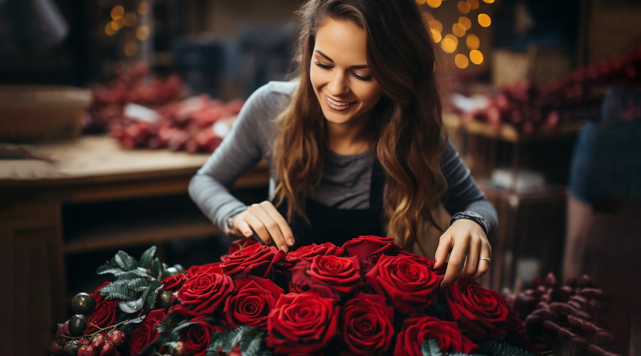 A woman arranging a bouquet of red roses