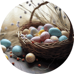 A wicker basket filled with speckled Easter eggs