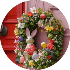 Easter wreath with bunny and eggs on the door