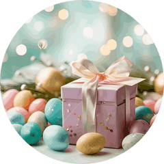 A lavender gift box surrounded by Easter eggs