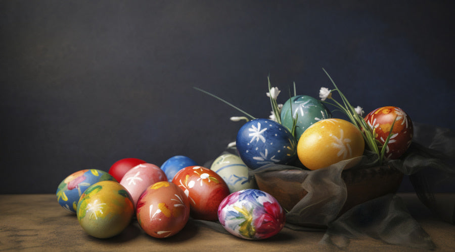 A collection of colorfully painted Easter eggs in a bowl