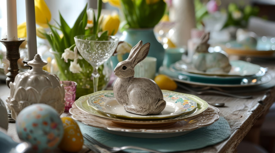 Easter table setting with bunny decoration
