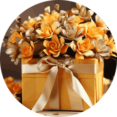 Box with golden flowers and satin ribbon