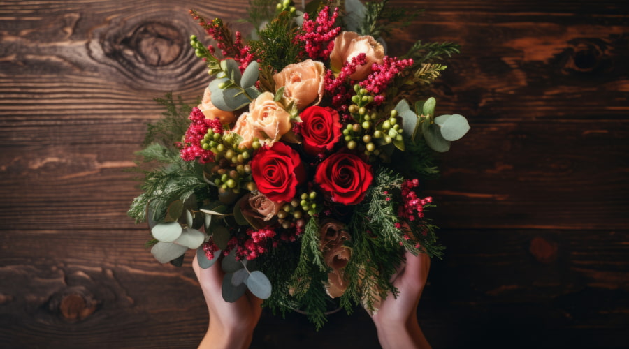 Hands holding a winter floral arrangement with red roses