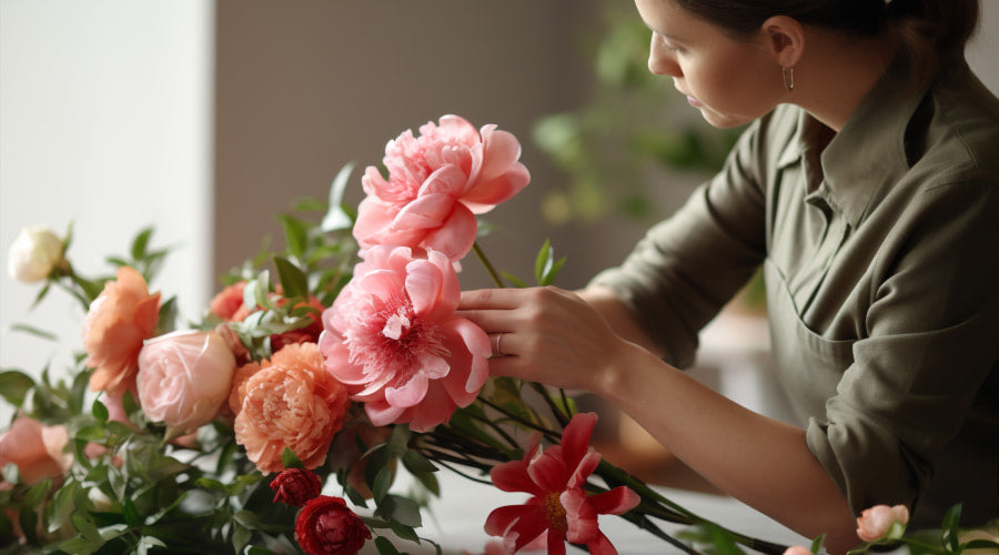 Woman arranging flowers on a table