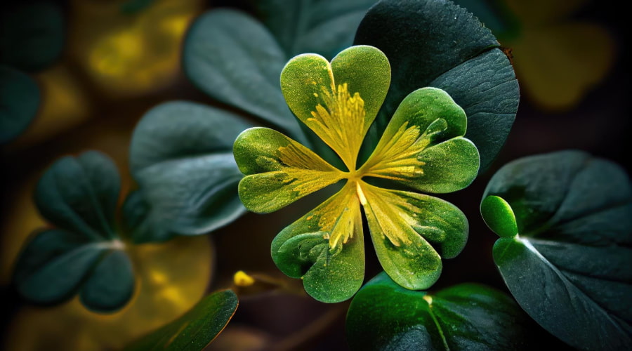 green flower with yellow accents, resembling a four-leaf clover