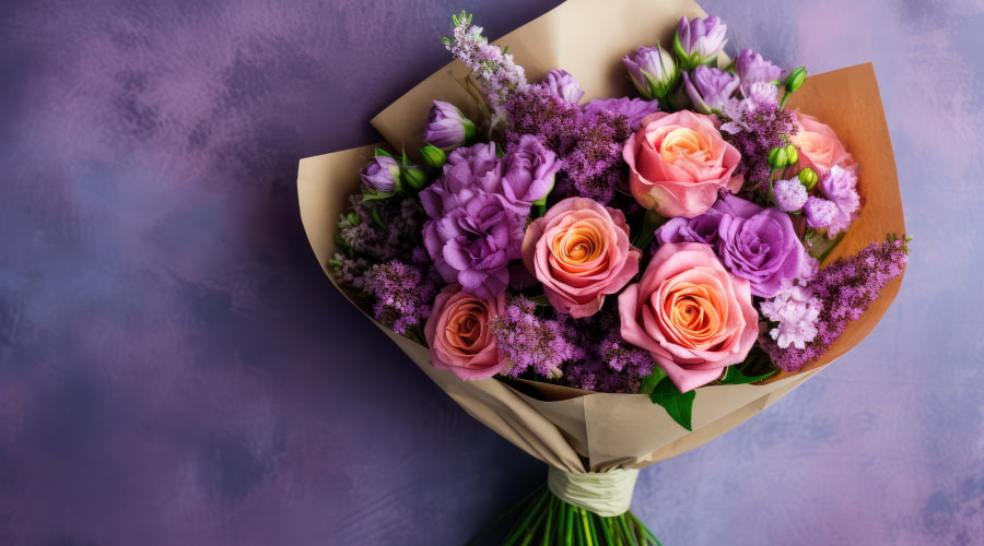 Bouquet of pink roses and purple flowers