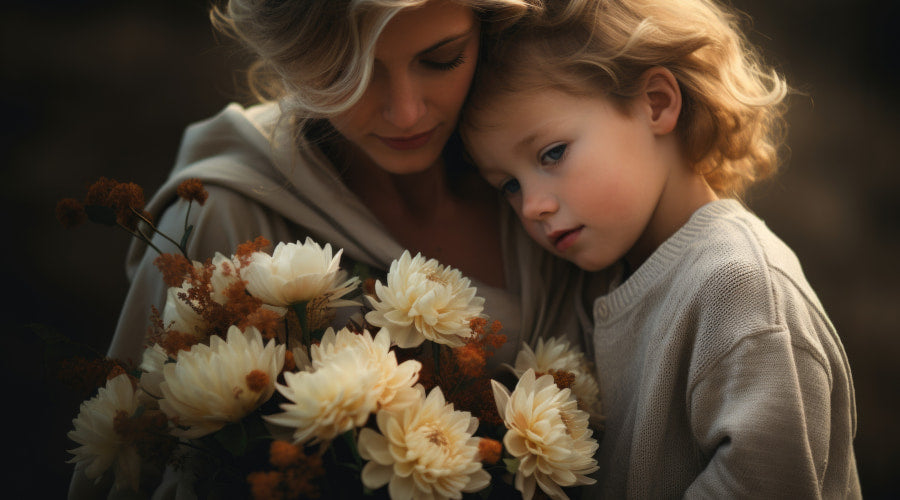 woman and a child amidst cream-colored flowers