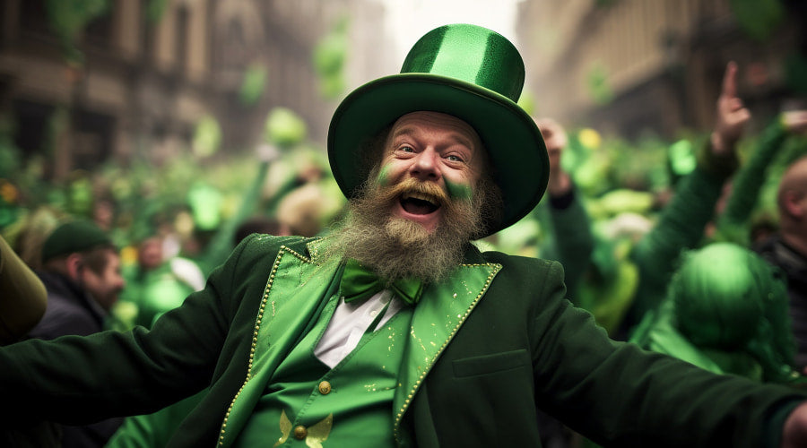 joyful man in a green leprechaun costume with a beard, celebrating in a crowd