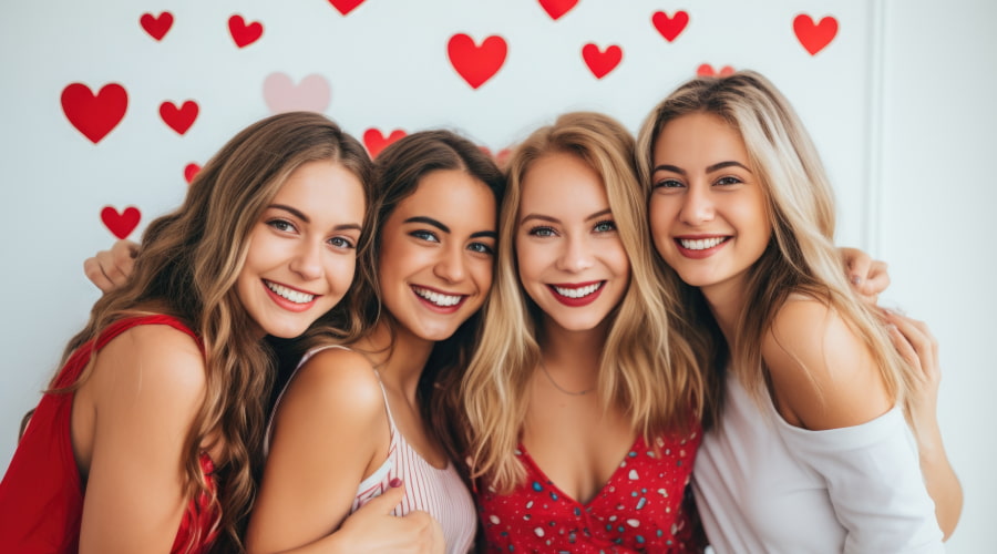 Four friends posing with heart decorations