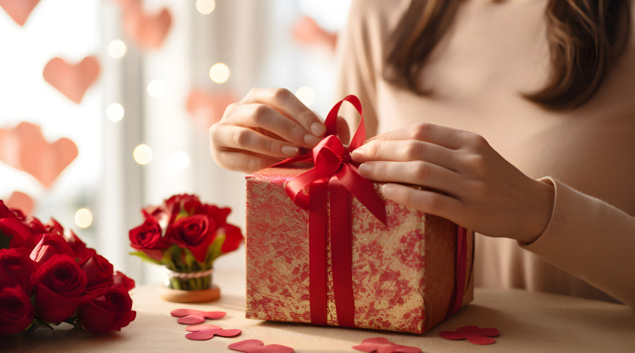 Woman tying a bow on a gift box for Galentine's Day