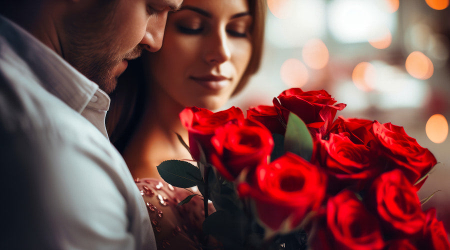 Couple embracing with a bouquet of red roses