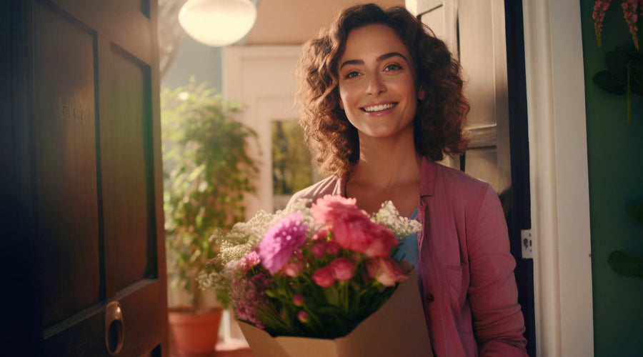 Woman holding a flower bouquet at her door