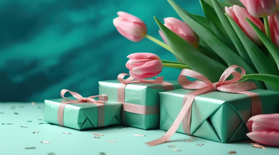 Pink tulips with teal gift boxes.