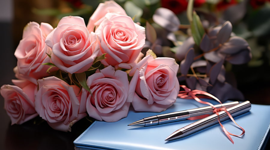 Pink roses on a desk next to a blue notebook and two pens