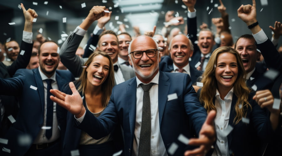 Excited group cheering with confetti