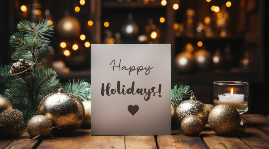 card "Happy Holidays" with golden ornaments and candles