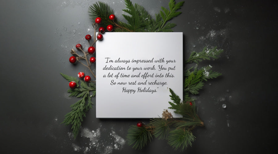 holiday card with a message of appreciation, framed by festive greenery and berries