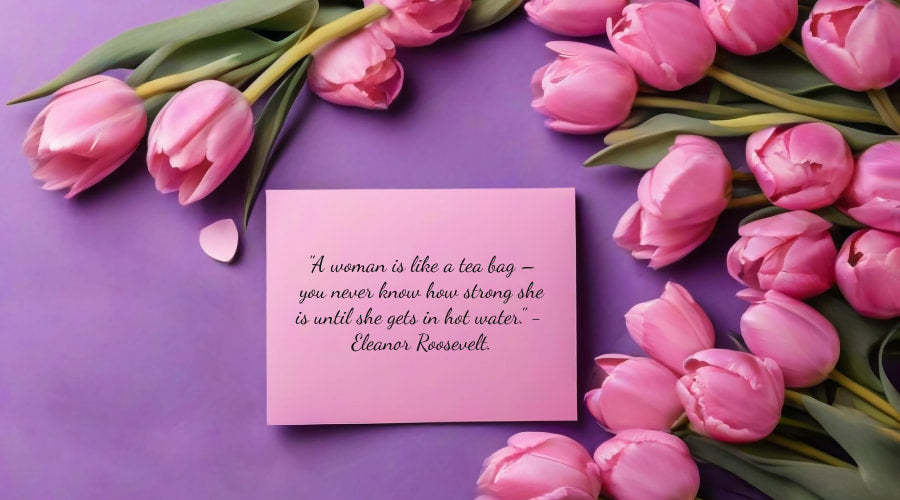 Pink tulips with a quote card on purple