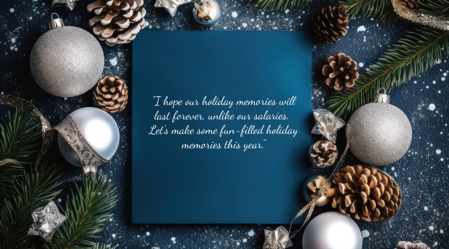 blue card with a holiday message, surrounded by silver Christmas decor