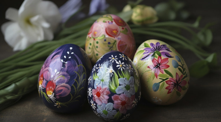 Four hand-painted Easter eggs with floral patterns