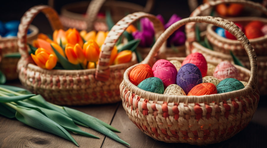 Woven baskets with colorful yarn Easter eggs and tulips