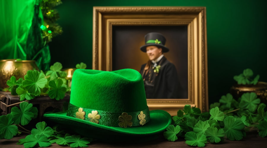 Still life composition featuring a green leprechaun hat and shamrocks