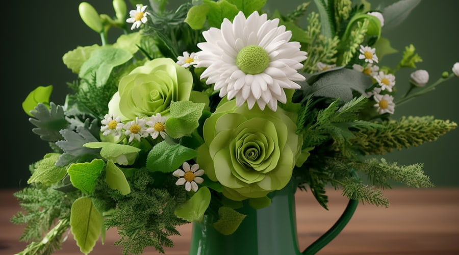 Arrangement of various green flowers and plants, symbolizing Irish flora