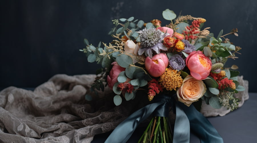 Bouquet of mixed winter flowers with eucalyptus