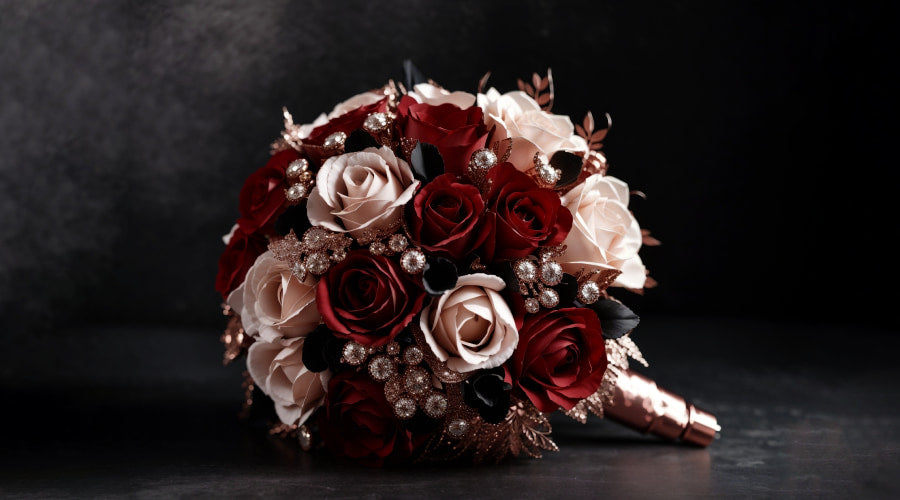 Elegant wedding bouquet with burgundy and cream roses