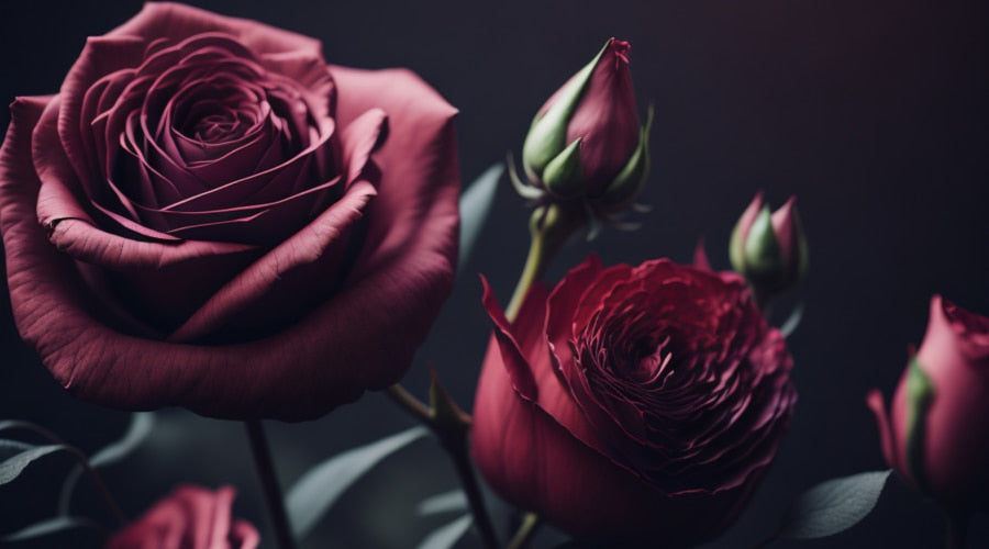 Dark burgundy roses with buds against a dark background