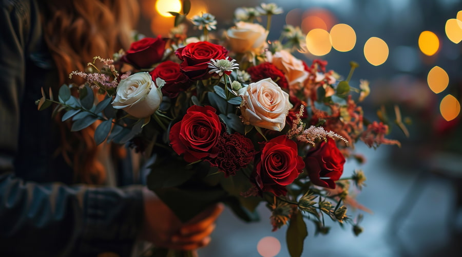 Bouquet of red and white roses with soft bokeh lights