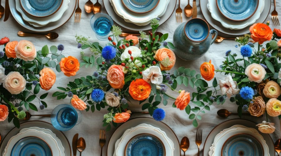 Table setting with vibrant floral centerpiece and blue dishes